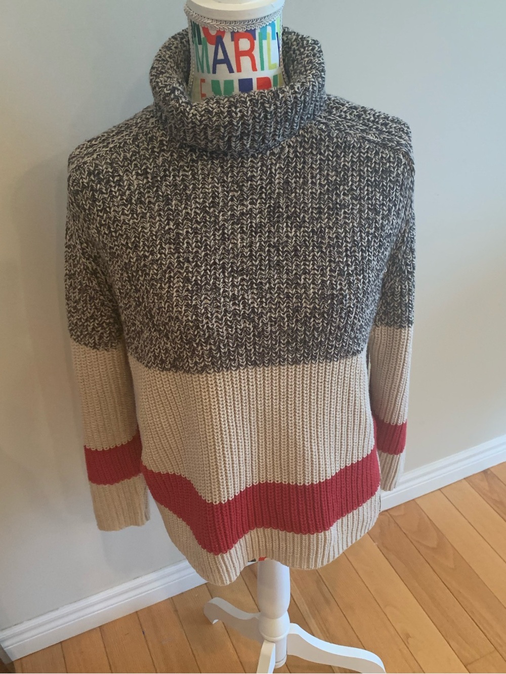 Roots Cabin Turtleneck Colorblock Knit Sweater - Cream, Gray & Red